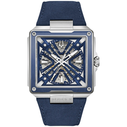 The Bulova Series X Automatic 41mm Watch by Bulova showcases a bold square case with a blue skeleton dial, silver-tone details, and exposed gears that highlight its skeletonized automatic movement. The striking X-shaped blue design on the face is framed by a refined silver case, marrying modern luxury with classic sophistication. Finished with an elegant blue leather strap, this timepiece exemplifies Bulova’s innovative craftsmanship and timeless elegance.