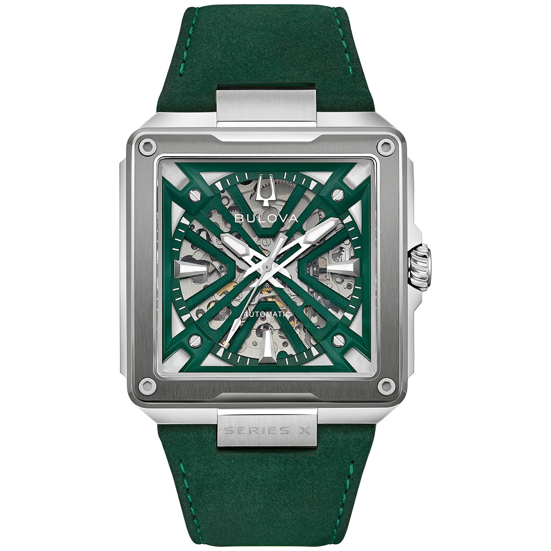 The Bulova Series X Automatic 41mm Watch features a square silver case, a striking green and silver skeleton dial with a geometric design, and a green leather strap. This luxury watch from Bulova highlights its intricate internal mechanisms through its eye-catching skeleton automatic face.
