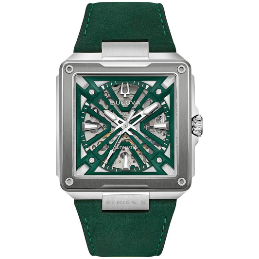 The Bulova Series X Automatic 41mm Watch features a square silver case, a striking green and silver skeleton dial with a geometric design, and a green leather strap. This luxury watch from Bulova highlights its intricate internal mechanisms through its eye-catching skeleton automatic face.