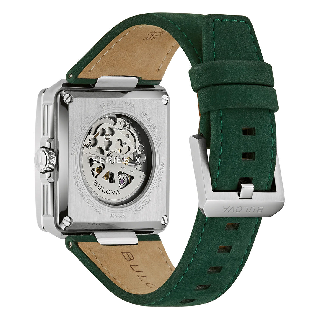 Introducing the Bulova Series X Automatic 41mm Watch—a sophisticated men’s timepiece featuring a square case, green suede strap, and a skeletonized automatic movement showcased through its transparent case back, exemplifying Bulova’s craftsmanship in luxury watchmaking.