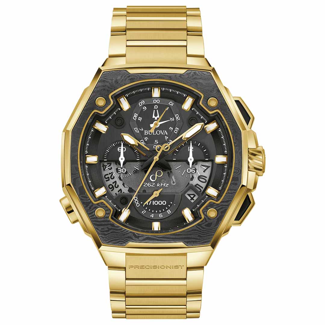 The Bulova Series X Special Edition Quartz 44.5mm Watch is an elegant gold wristwatch with a detailed black face that features multiple dials and hands. This timepiece boasts a link bracelet and a bold, modern design, showcasing precisionist movement synonymous with the renowned Bulova brand.