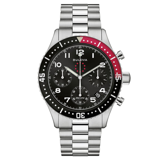 The Bulova Marine Star Heritage Quartz 42.85mm Limited Edition watch features a stainless steel case, black dial with three subdials, silver hour markers, red and black bezel, and a silver metal bracelet.
