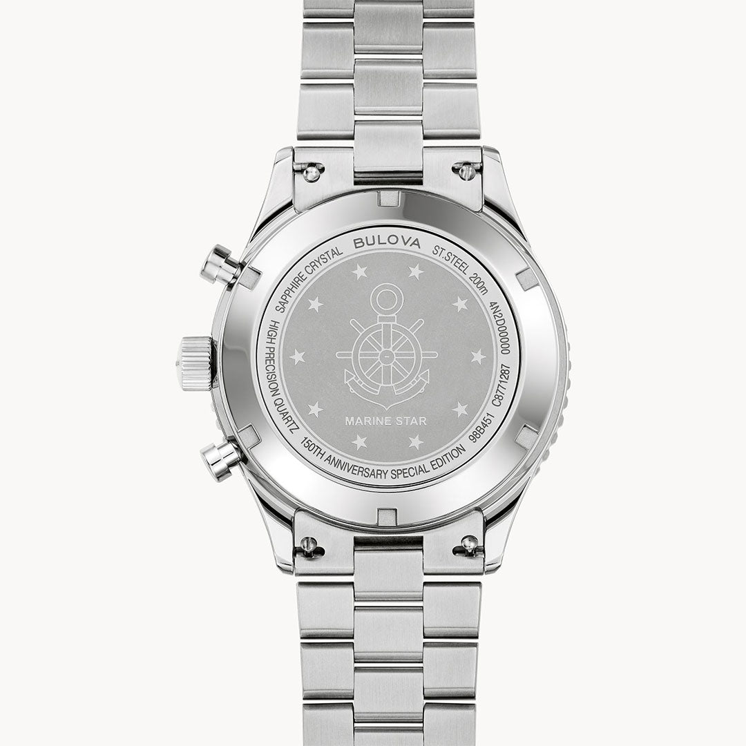 The back of the Bulova Marine Star Heritage Quartz 42.85mm Limited Edition watch features an engraved anchor, stars, and text, marking it as a special edition with stainless steel, sapphire crystal, and 200m water resistance.