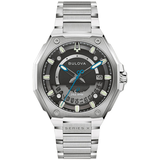 The Bulova Series X HPQ Precisionist Quartz 42mm men's watch features a silver metal band, gray/black dial with blue hands, luminous markers, date at 3 o'clock, and "262 kHz" above 6 o'clock. Brand: Bulova.