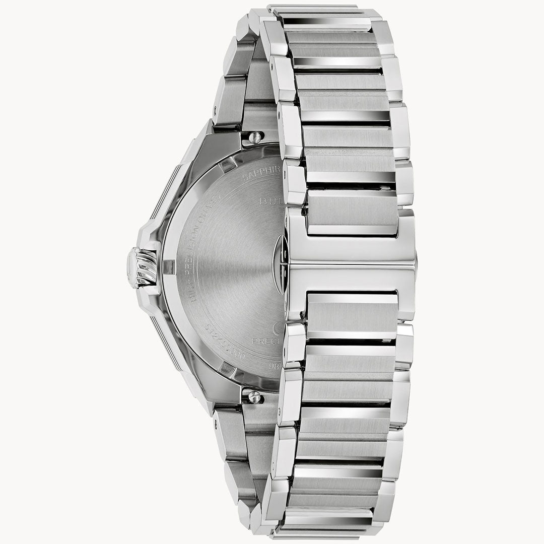 A close-up of the Bulova Series X HPQ Precisionist Quartz 42mm showcases its brushed stainless steel back and link bracelet with a folded clasp. The plain case back with minimal engravings highlights its Bulova Precisionist movement.