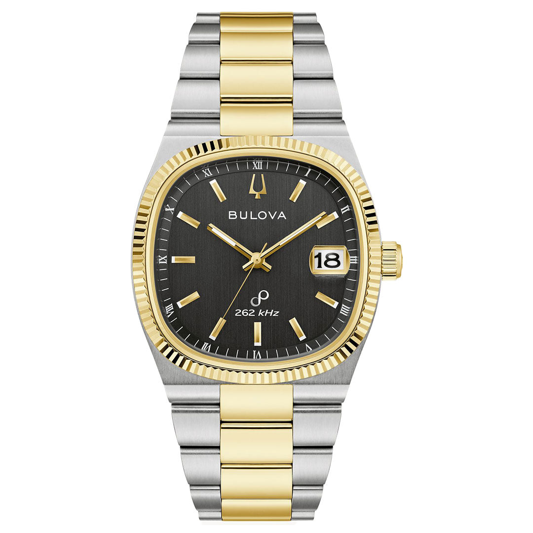 The Bulova Super Seville HPQ Precisionist Quartz 37.5mm men's watch features a two-tone silver and gold band, black dial with gold hour markers and hands, a date window at 3 o'clock, "262 kHz" text, and high-precision quartz movement.