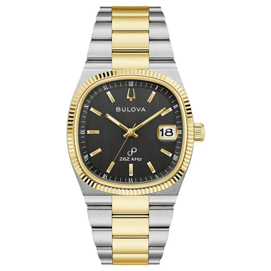 The Bulova Super Seville HPQ Precisionist Quartz 37.5mm men's watch features a two-tone silver and gold band, black dial with gold hour markers and hands, a date window at 3 o'clock, "262 kHz" text, and high-precision quartz movement.
