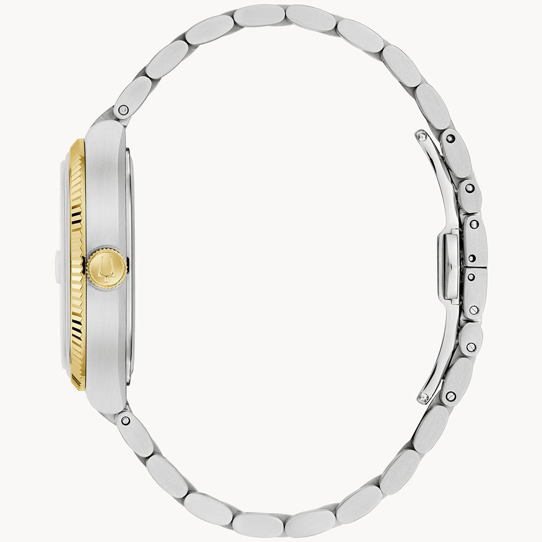 Side view of the Bulova Super Seville HPQ Precisionist Quartz 37.5mm men’s watch by Bulova, featuring a silver metal band, round case with gold bezel and crown, shown against a white background.