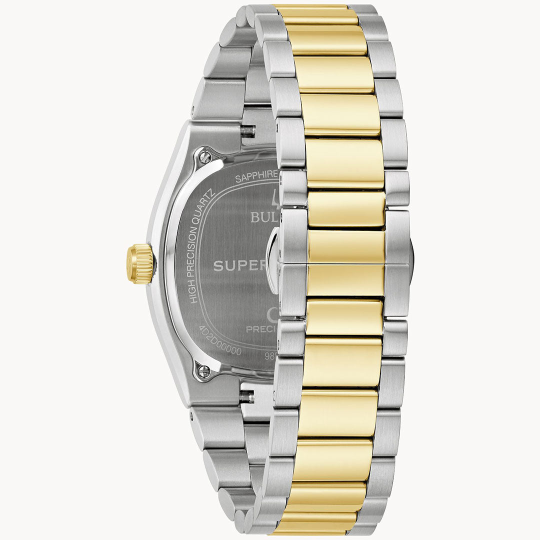 A close-up of the Bulova Super Seville HPQ Precisionist Quartz 37.5mm shows a two-tone silver and gold band, engraved silver case back, and a gold crown.