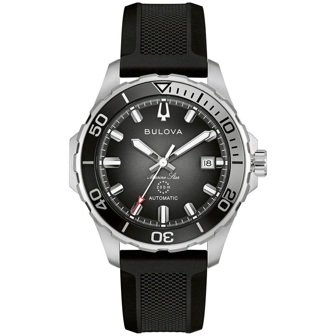 The Bulova Marine Star Series B Automatic 41mm men's watch features a stainless steel case, black dial with white markers, date at 3 o'clock, rotating bezel, black textured rubber strap, and is water-resistant to 200 meters.