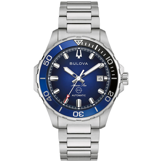 The Bulova Marine Star Series B Automatic 41mm men’s watch features a blue and black bezel, blue dial, silver markers, date at 3 o’clock, and a stainless steel link band—uniting style with reliable performance.