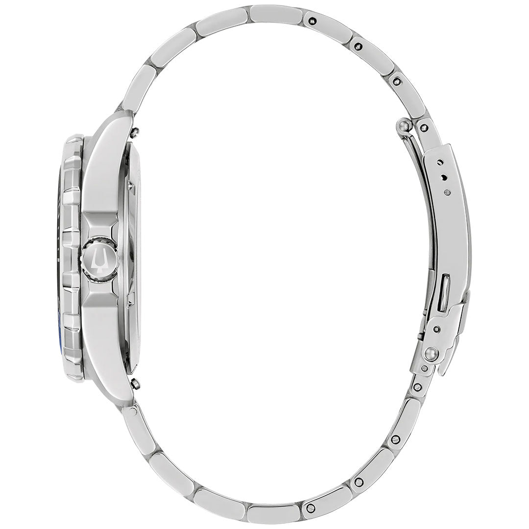 Side view of the Bulova Marine Star Series B Automatic 41mm Watch featuring a silver metal linked bracelet, round face, detailed clasp and crown, and showcasing its automatic movement.
