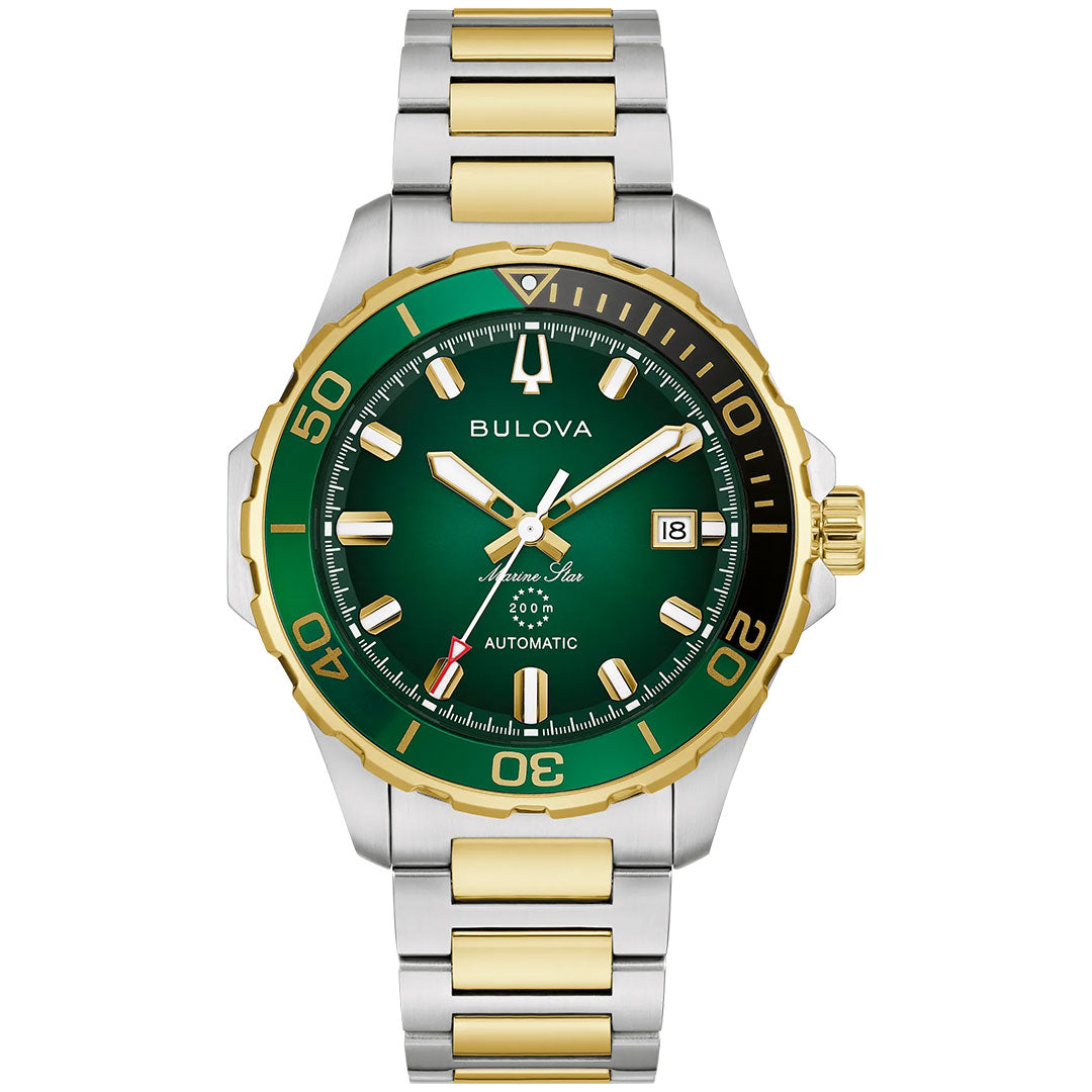 The Bulova Marine Star Series B Automatic 41mm Watch for men features a two-tone silver and gold stainless steel band, green and black bezel, green dial with gold markers and hands, automatic movement, and date display at 3 o'clock.