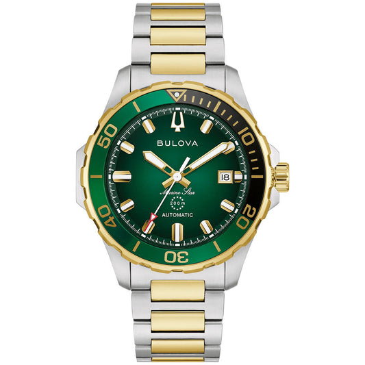 The Bulova Marine Star Series B Automatic 41mm Watch for men features a two-tone silver and gold stainless steel band, green and black bezel, green dial with gold markers and hands, automatic movement, and date display at 3 o'clock.
