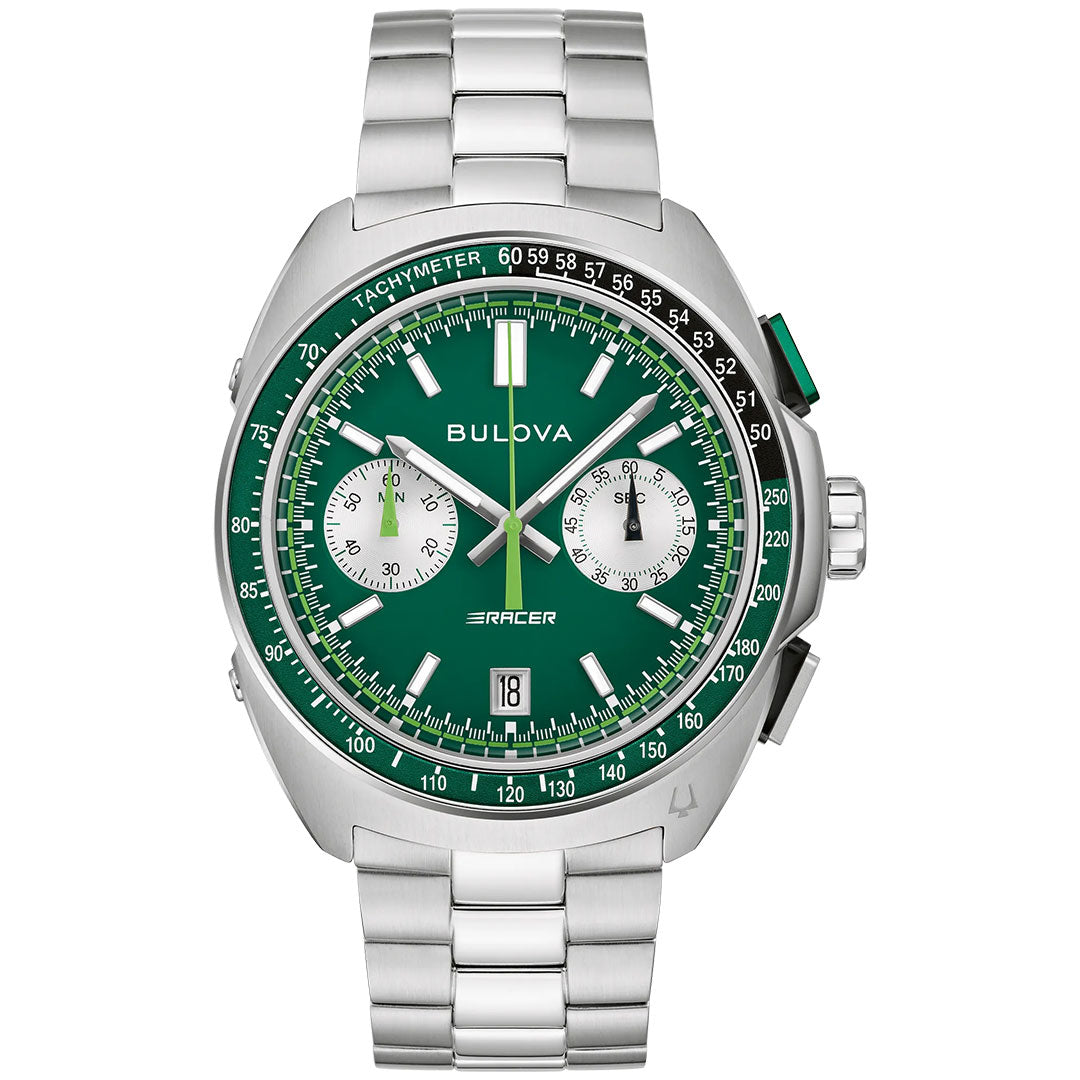 The Bulova Racer Quartz 42mm men’s watch features a green dial, two white subdials, date at 6 o'clock, a tachymeter bezel, and a stainless steel bracelet—a bold motorsport-inspired timepiece by Bulova.