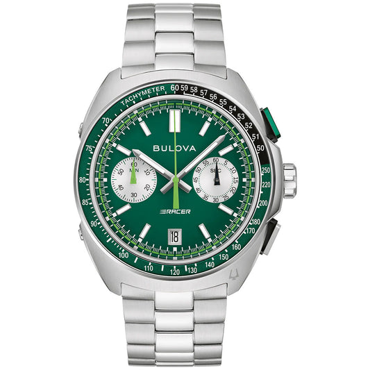 The Bulova Racer Quartz 42mm men’s watch features a green dial, two white subdials, date at 6 o'clock, a tachymeter bezel, and a stainless steel bracelet—a bold motorsport-inspired timepiece by Bulova.