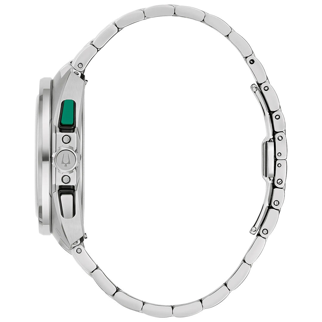 Side view of the Bulova Racer Quartz 42mm stainless steel watch, featuring a segmented band, green and silver side buttons, and a round face, displayed against a plain white background.