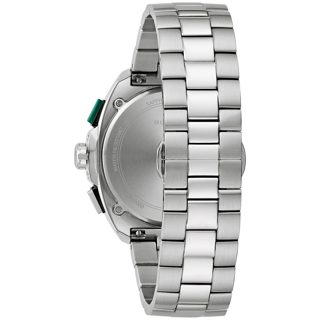 Back view of the Bulova Racer Quartz 42mm Watch by Bulova in silver stainless steel, featuring a closed metal link bracelet with clasp and an engraved caseback.
