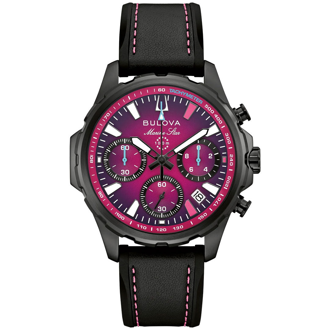 The Bulova Marine Star E1 Team Miami Quartz 41mm Watch features a black case, black leather strap with pink stitching, and a vibrant magenta dial inspired by the Miami E1 Racing team, complete with three subdials and a date display—a bold men’s watch from Bulova perfect for electric boat racing fans.
