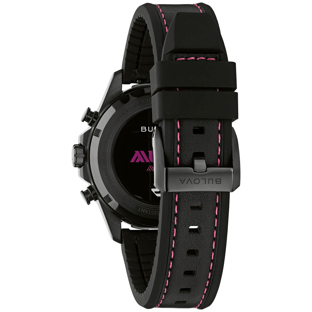 Back view of the Bulova Marine Star E1 Team Miami Quartz 41mm Watch, showcasing its black silicone strap accented with pink stitching and a metal buckle engraved with the Bulova logo. The visible case back and buttons reflect the bold style favored by Miami E1 Racing watch enthusiasts.