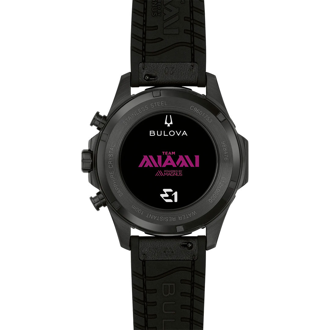 The back of the Bulova Marine Star E1 Team Miami Quartz 41mm Watch showcases "Team Miami Angels" and "E1" in bold pink and white text on the case back, celebrating the spirit of electric boat racing.