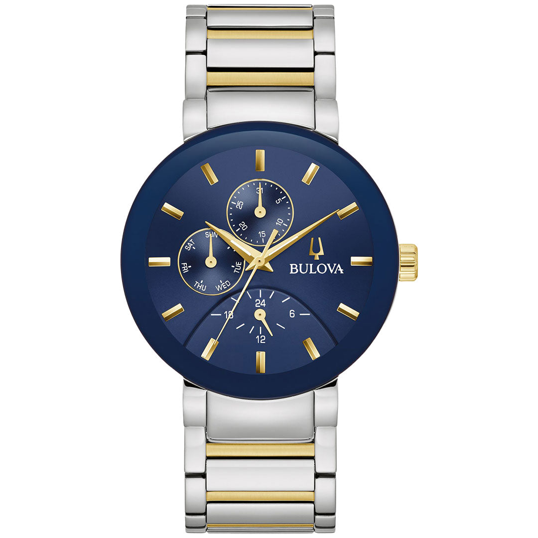 The Bulova Futuro Quartz 40mm men's watch features a blue dial, gold markers, three subdials, silver hands, a gold crown, and a two-tone stainless steel band in silver and gold.