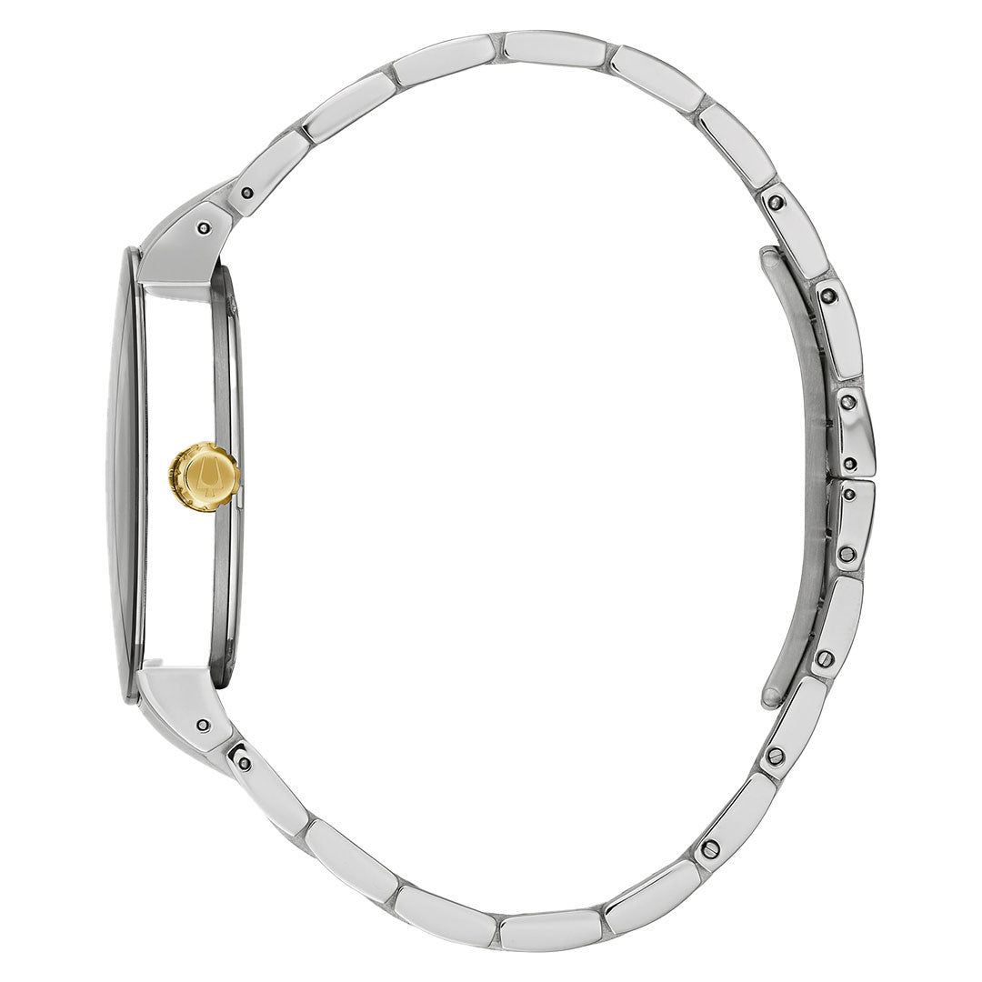 Side view of the Bulova Futuro Quartz 40mm men's watch featuring a silver metal case, gold crown, and segmented bracelet, highlighting its sleek design against a white background.