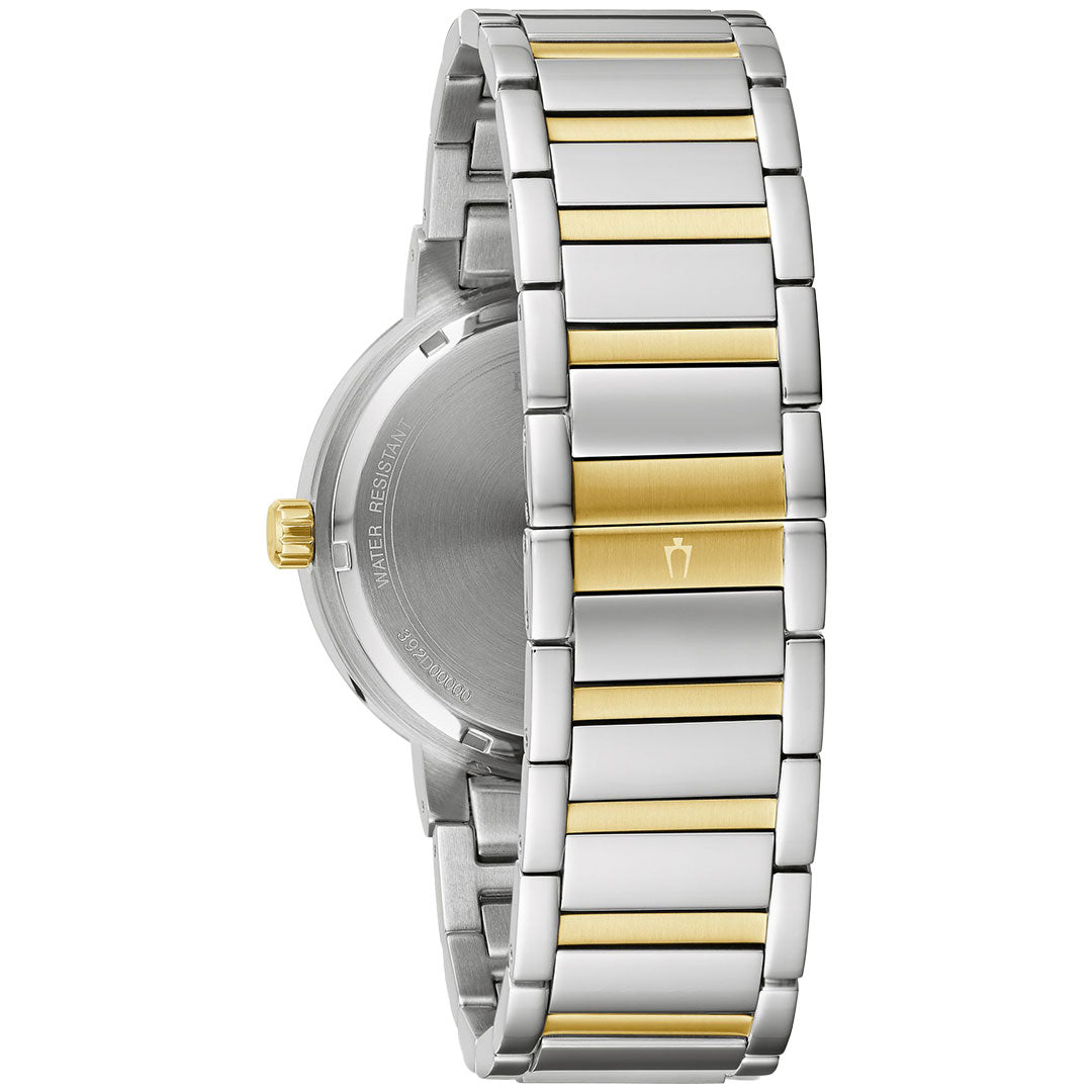 Back view of the Bulova Futuro Quartz 40mm men's watch, featuring a silver and gold metal link bracelet with alternating polished silver links and gold-tone center stripes, showing the clasp and crown.