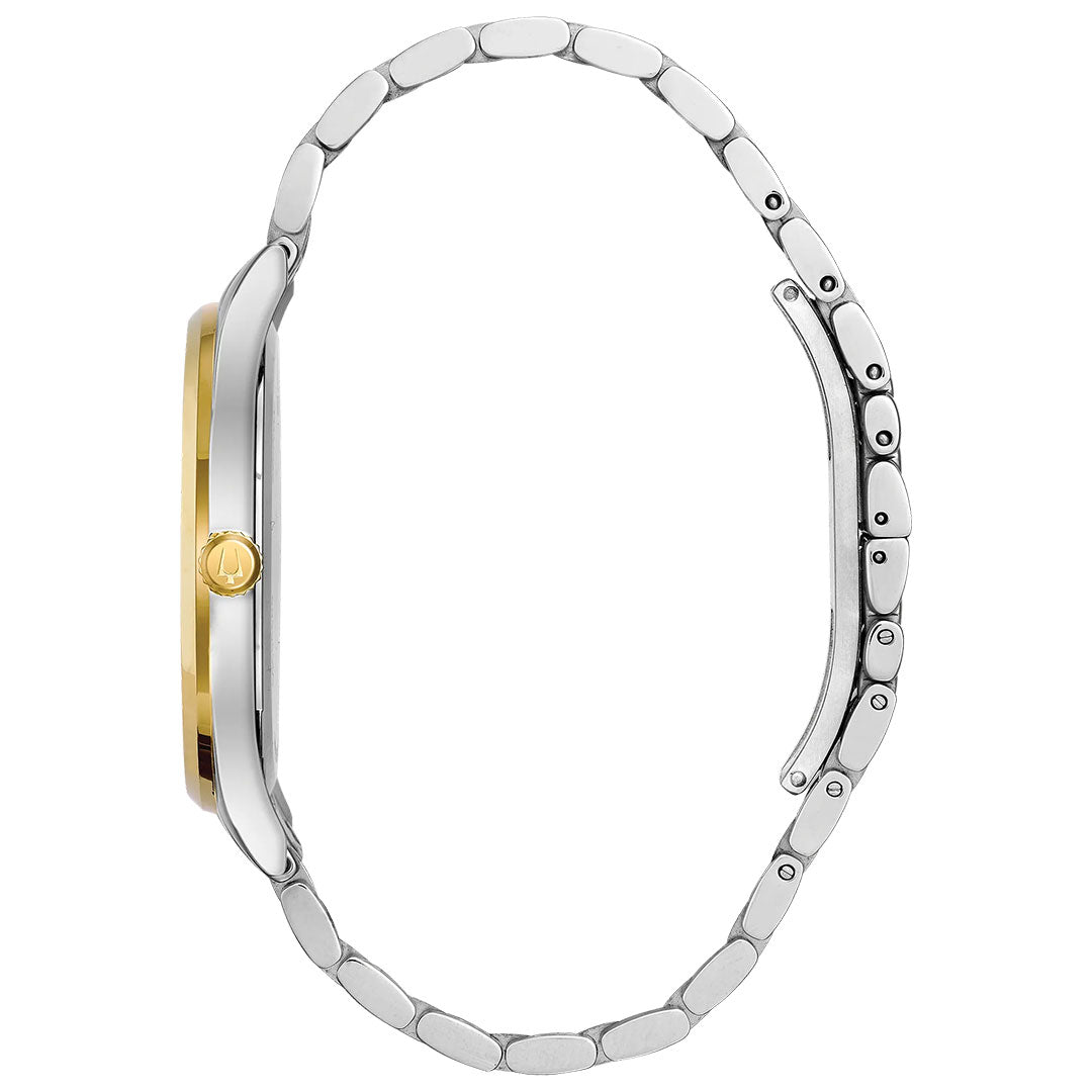 Side view of the Bulova Classic Diamond Quartz 40mm Watch featuring a slim, two-tone stainless steel case with gold edges and a predominantly silver band accented in gold, secured by a deployment clasp.
