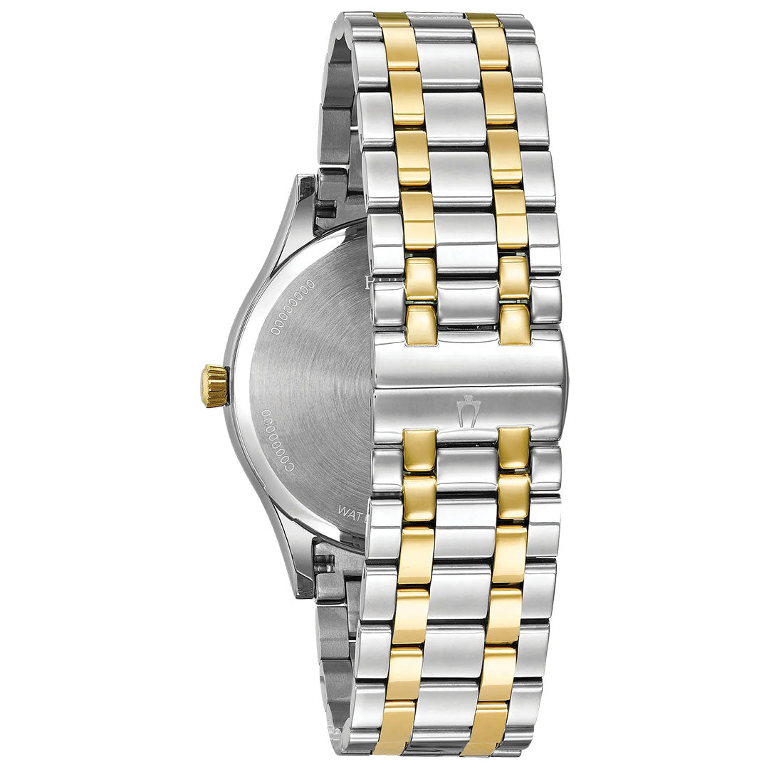 The Bulova Classic Diamond Quartz 40mm Watch is shown from the back, highlighting its silver and gold link bracelet, gold crown, stainless steel case back, and gold-tone accents.