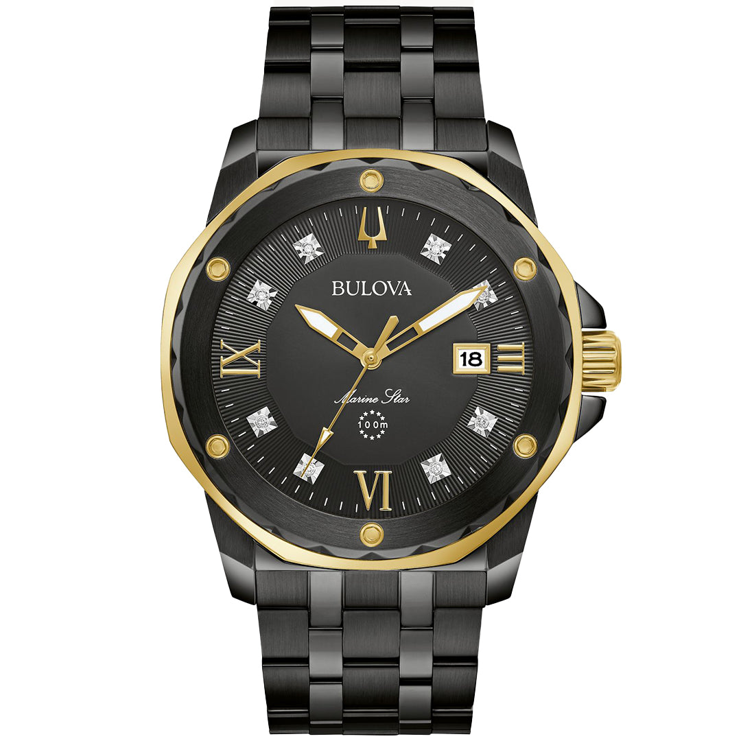 Introducing the Bulova Marine Star Quartz 44mm Watch by Bulova, showcasing a sport luxury design with a striking black and gold-tone aesthetic. The black ion-plated stainless steel bracelet beautifully complements its Roman numerals, diamond accents, and date display on the elegant watch face.