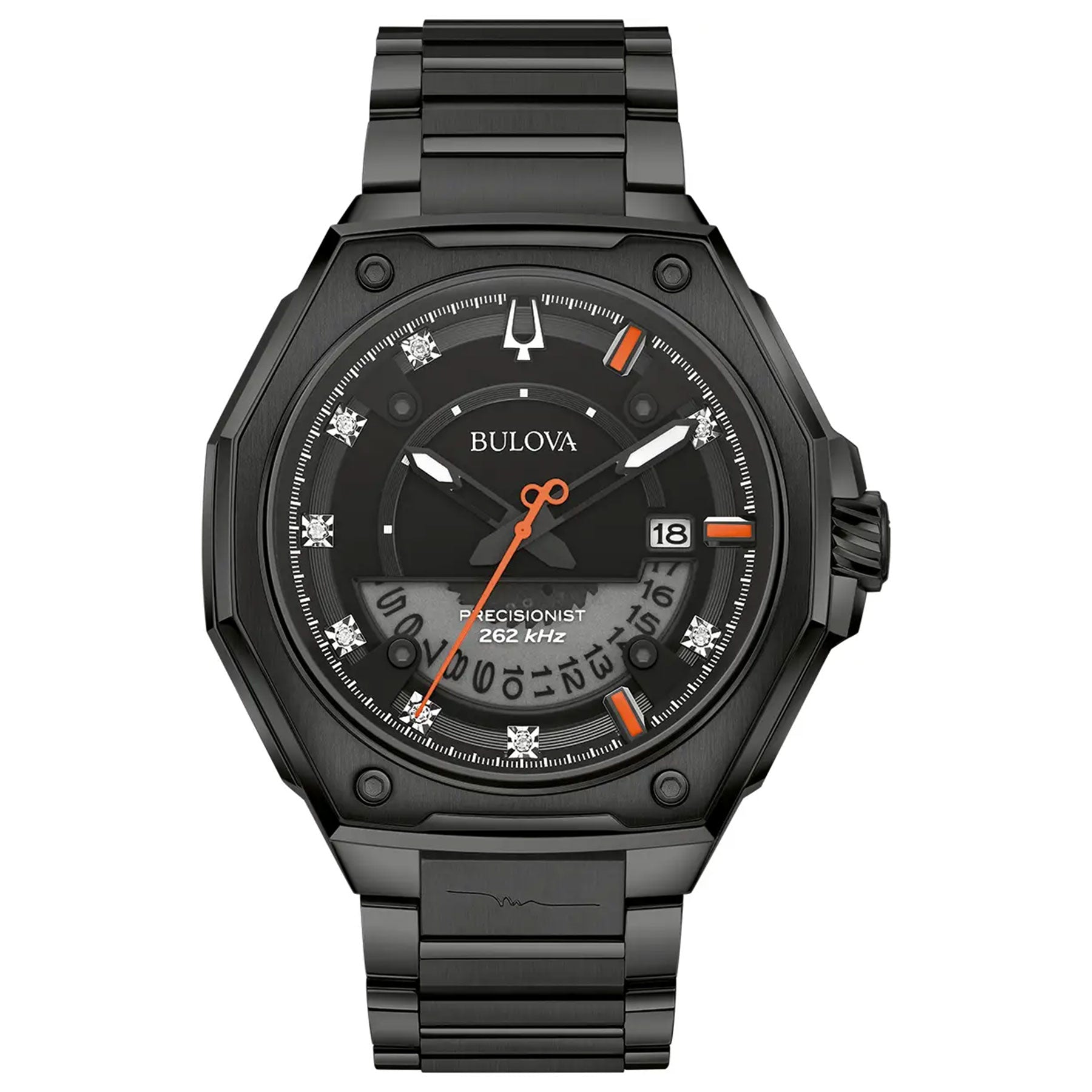 Introducing the Bulova Series X Marc Anthony NM50 HPQ Precisionist Quartz 45mm Watch, boasting a black ion-plated stainless steel band and an eye-catching octagonal face. The dial is adorned with silver and orange accents alongside a date display, highlighting its "Precisionist 262 kHz" performance.