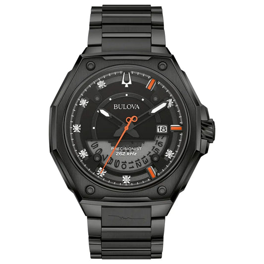 Introducing the Bulova Series X Marc Anthony NM50 HPQ Precisionist Quartz 45mm Watch, boasting a black ion-plated stainless steel band and an eye-catching octagonal face. The dial is adorned with silver and orange accents alongside a date display, highlighting its "Precisionist 262 kHz" performance.