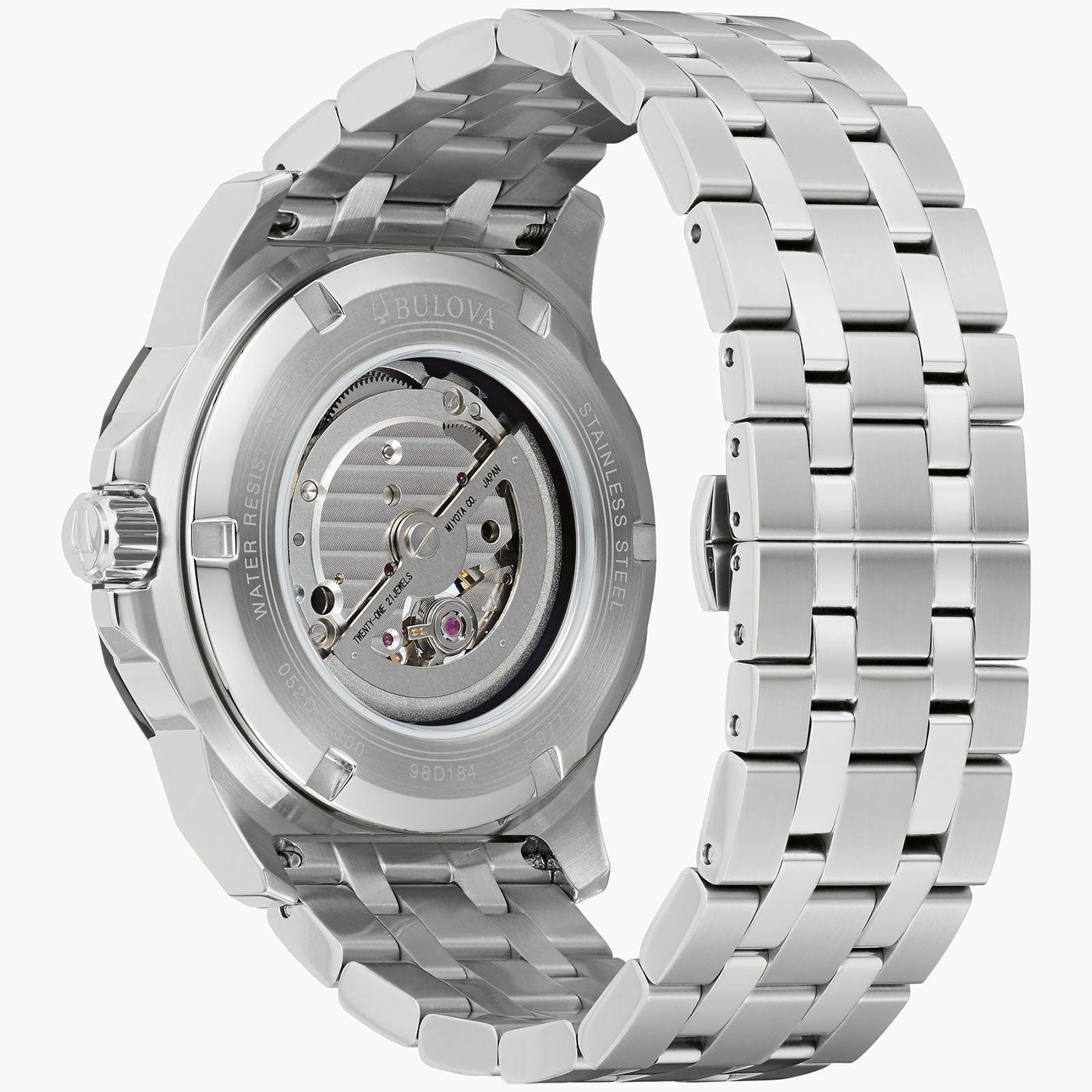 Explore the Bulova Marine Star Marc Anthony Automatic 45mm Watch, a stylish stainless steel timepiece featuring an open case back that showcases its automatic movement. This watch comes with a polished silver metal bracelet and visible gears, seamlessly combining elegance with precise engineering.