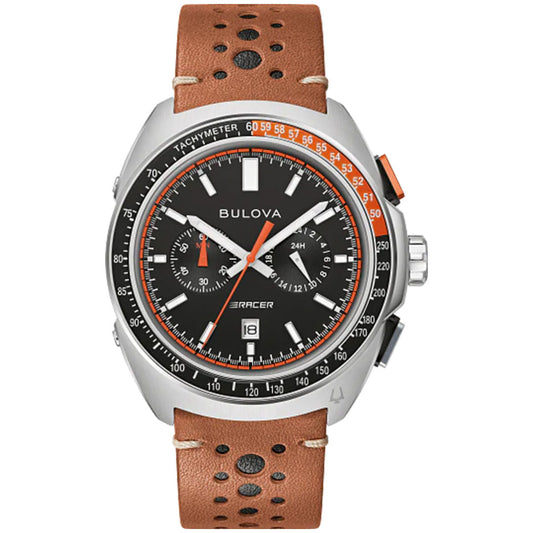 The Bulova Racer Quartz 42mm Watch features a black dial, silver case, brown perforated leather strap, orange and white accents, tachymeter bezel, and date display at 6 o’clock—ideal for fans of automotive-inspired style.