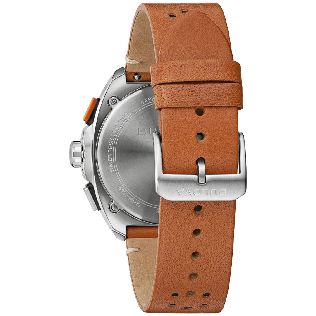 A brown leather strap with a silver buckle is paired with the Bulova Racer Quartz 42mm Watch. The stainless steel case back has engraved details and visible screws, showcasing Bulova’s signature craftsmanship.