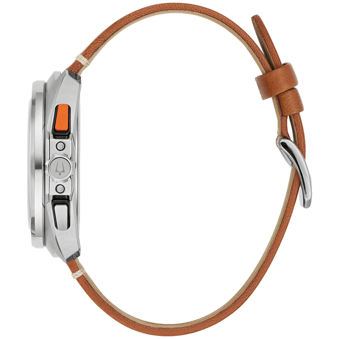 Side view of the Bulova Racer Quartz 42mm Watch by Bulova, featuring a brown leather strap, stainless steel case, and orange and silver side buttons. The watch face is not visible in this image.