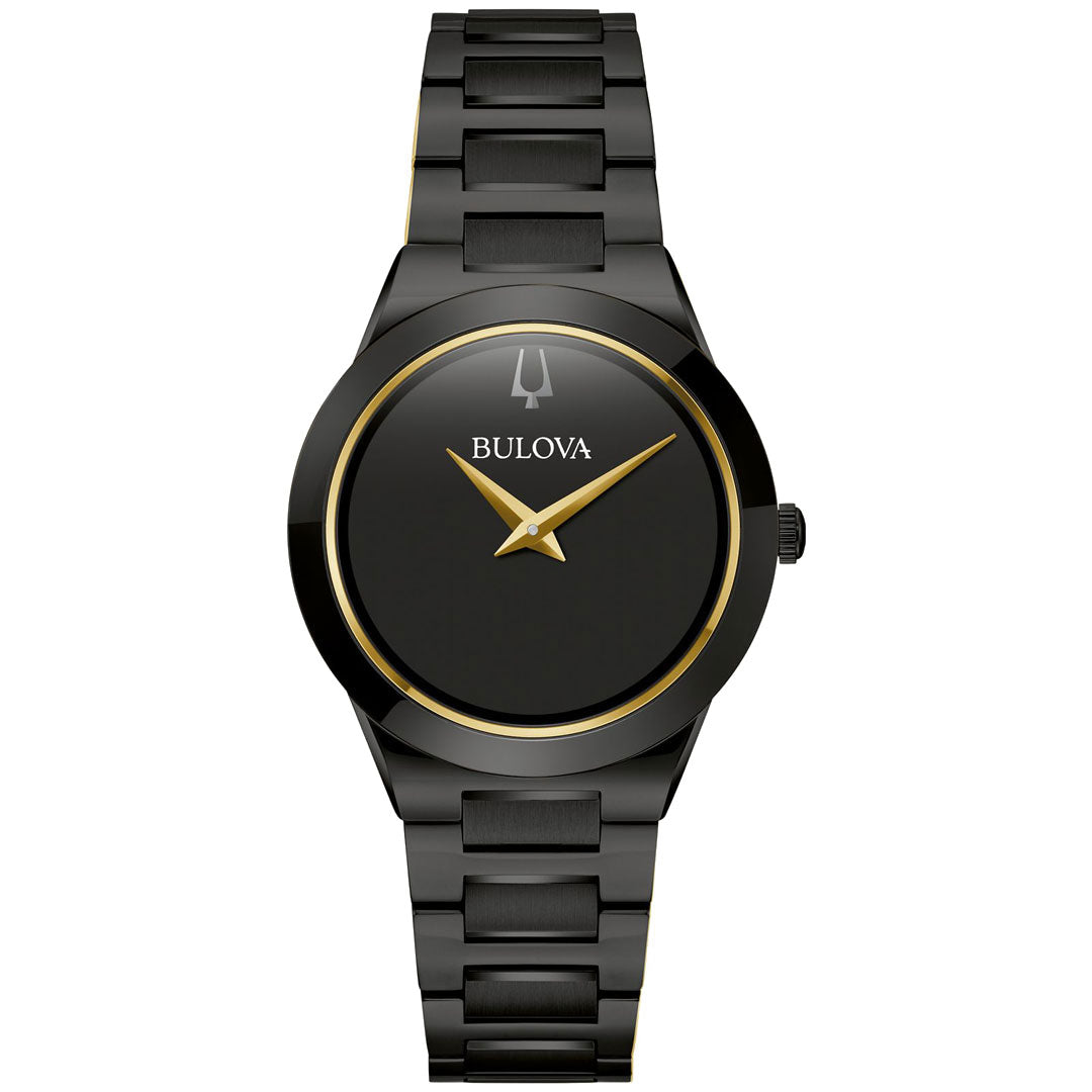 The Bulova Millennia Quartz 32mm Watch features a sleek black IP stainless steel bracelet and a round black dial. Gold hour and minute hands enhance its elegance, while the minimalist design offers a modern twist. The Bulova brand name is prominently displayed near the top of this sophisticated ladies' timepiece.