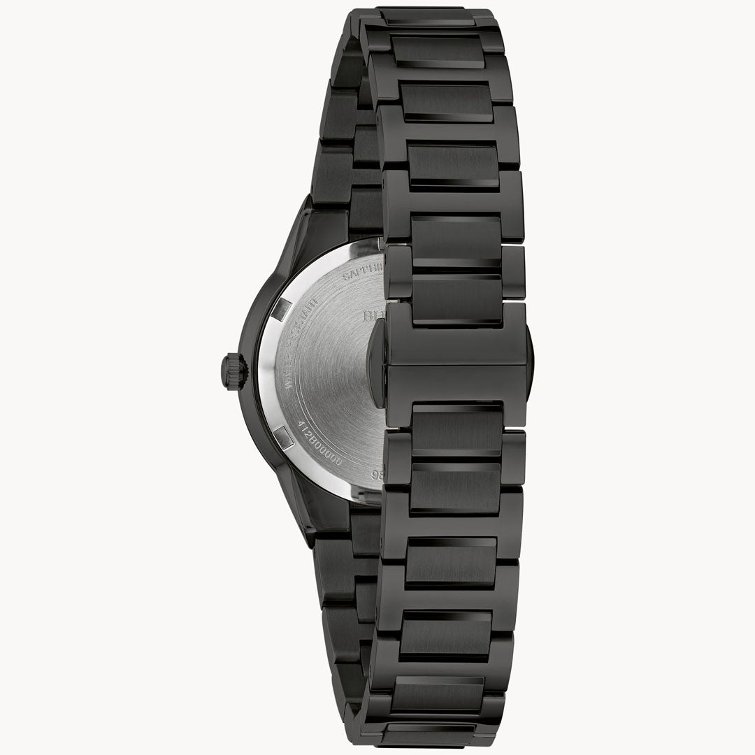 This contemporary design features the Bulova Millennia Quartz 32mm Watch, highlighting a black metal wristwatch with a prominently linked band. Viewed from the side, it boasts a round, matte silver back case and a textured rotating crown. The brushed links in this elegant ladies' timepiece by Bulova enhance its sleek appearance.