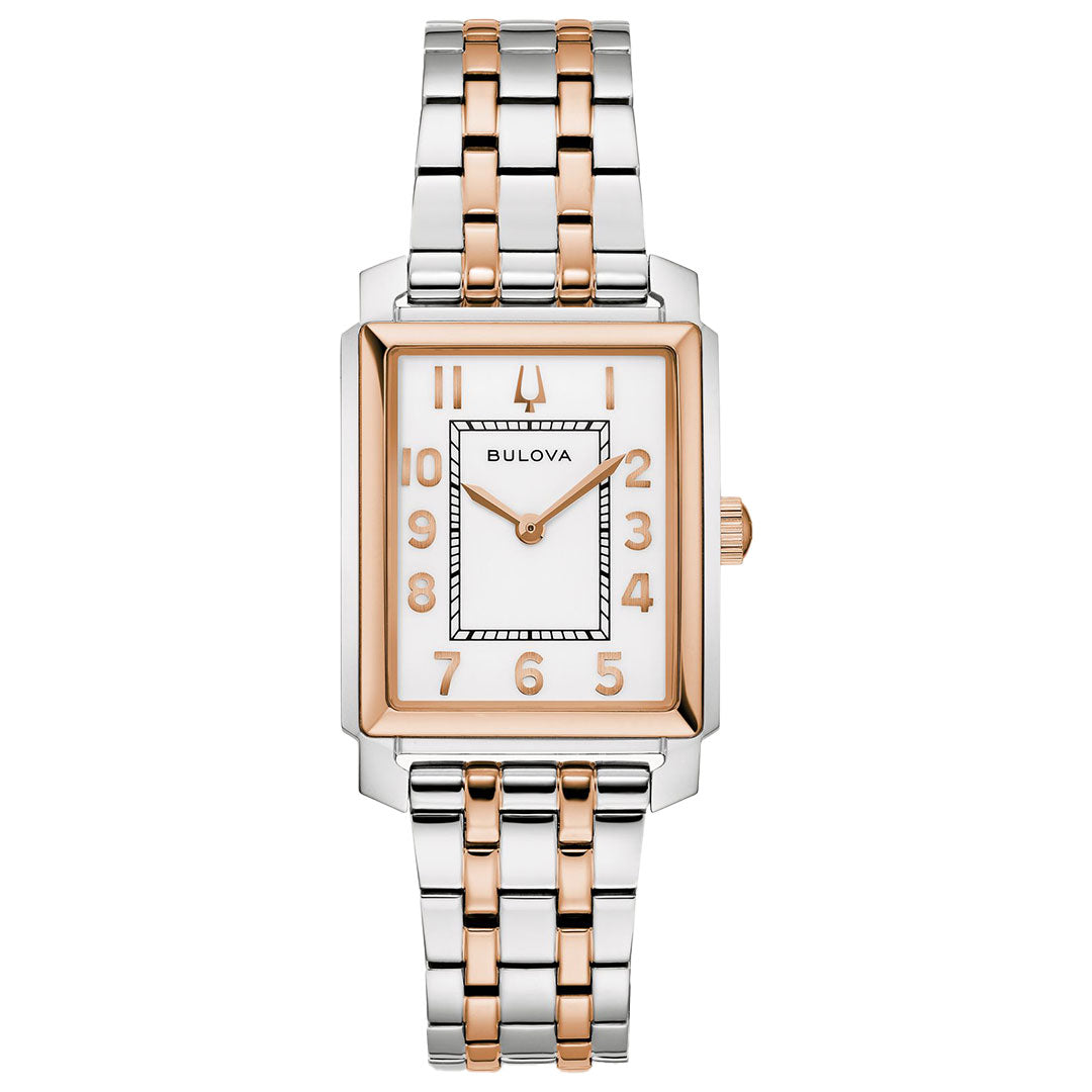 The Bulova Sutton Quartz 25mm women's watch features a rectangular case, two-tone silver and rose gold stainless steel band, white dial with rose gold numbers, and matching rose gold bezel.