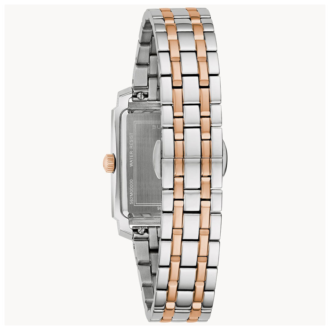 A close-up of the Bulova Sutton Quartz 25mm Watch shows its two-tone stainless steel band with silver and rose gold links, highlighting the back of the rectangular case and clasp.