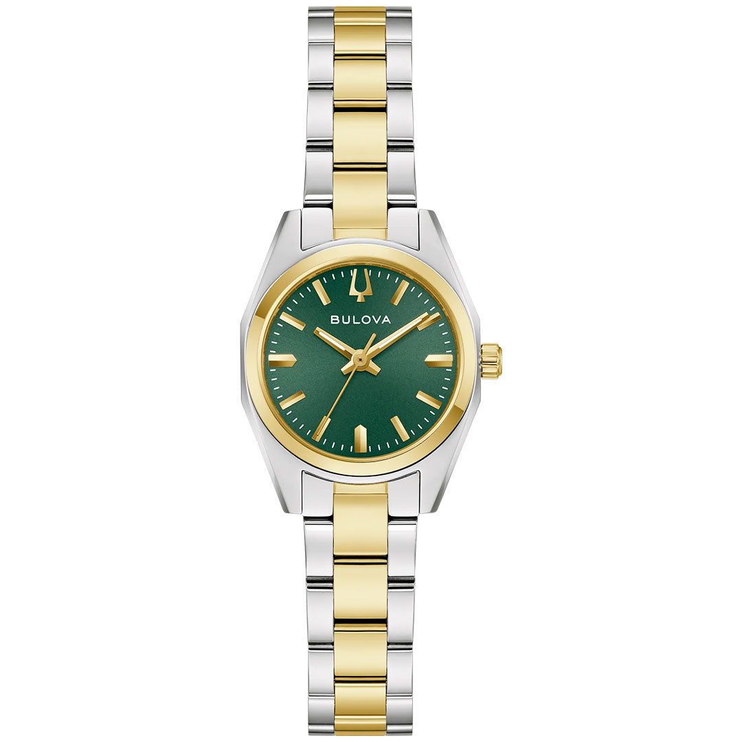 The Bulova Surveyor Quartz 22.7mm ladies’ watch features a silver and gold metal band, green dial, gold hour markers and hands, gold bezel, and stainless steel case—a stylish blend of classic and modern design by Bulova.