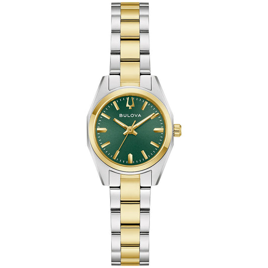 The Bulova Surveyor Quartz 22.7mm ladies’ watch features a silver and gold metal band, green dial, gold hour markers and hands, gold bezel, and stainless steel case—a stylish blend of classic and modern design by Bulova.