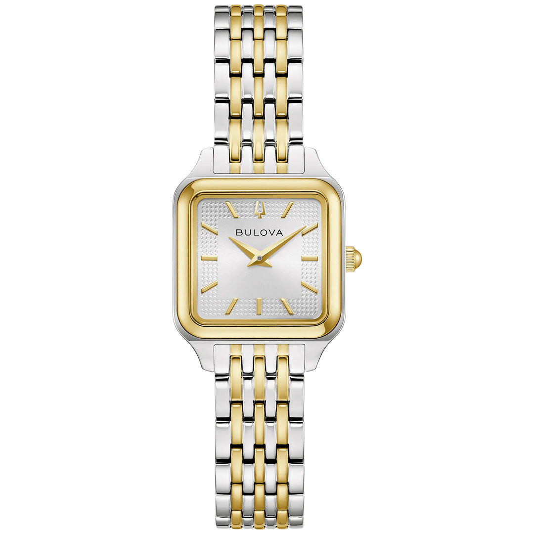 The Bulova Sutton Quartz 23mm Watch for women features a rectangular silver and gold face, gold hour markers and hands, and a two-tone stainless steel band in silver and gold.