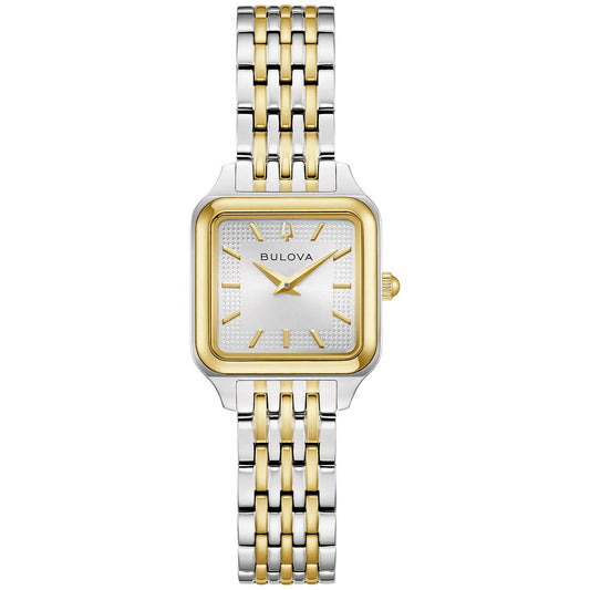 The Bulova Sutton Quartz 23mm Watch for women features a rectangular silver and gold face, gold hour markers and hands, and a two-tone stainless steel band in silver and gold.