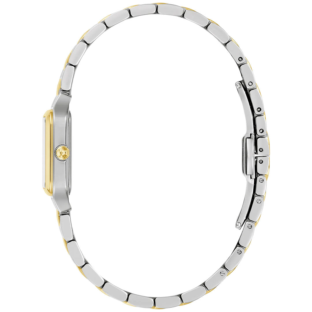 Side view of the Bulova Sutton Quartz 23mm Watch for women, showcasing its slim two-tone stainless steel band with gold accents, a small round crown, and classic square case. Clasp is open to highlight the design.