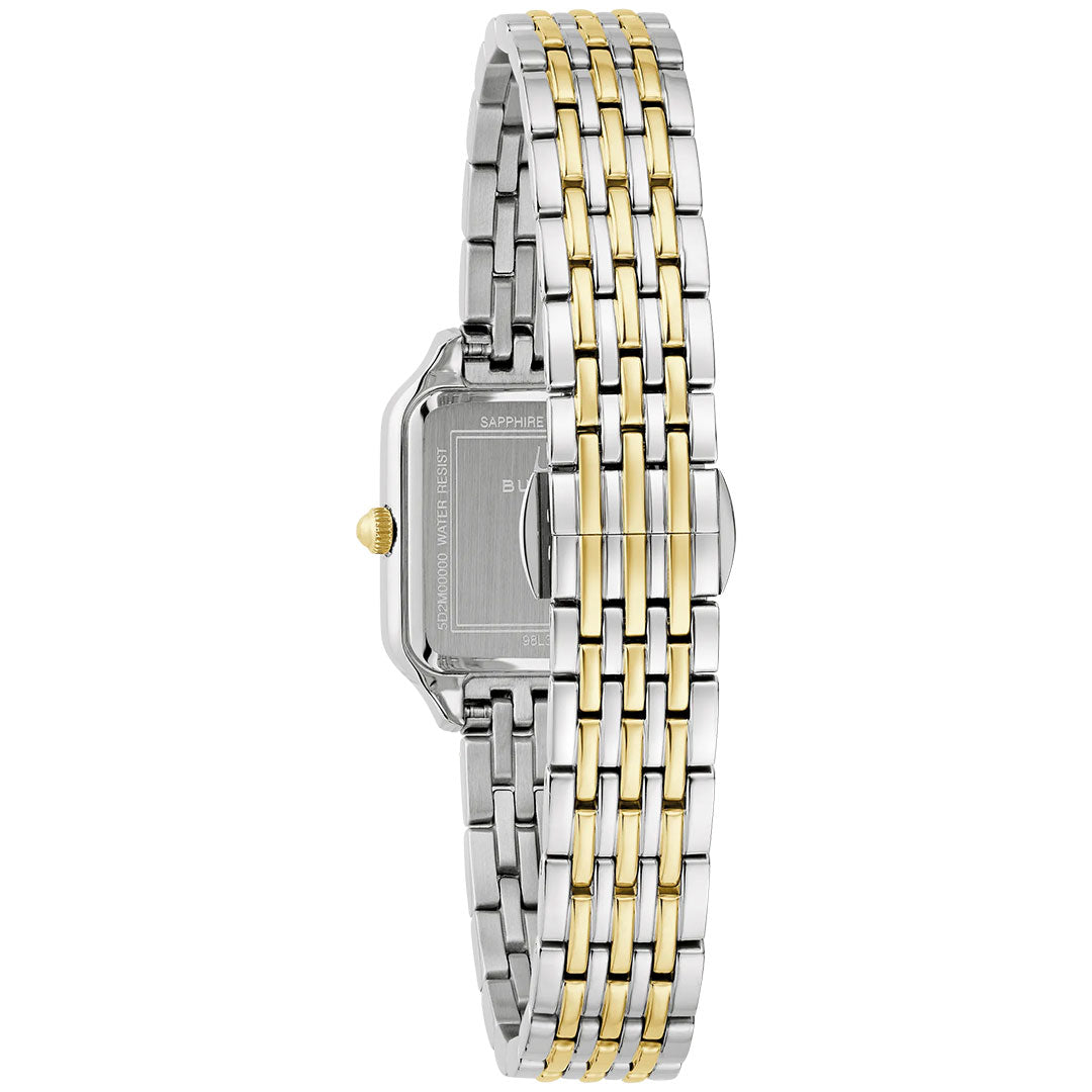 The Bulova Sutton Quartz 23mm Watch for women features a two-tone stainless steel linked band, rectangular case, gold crown, and central clasp—combining classic design with elegant detail.