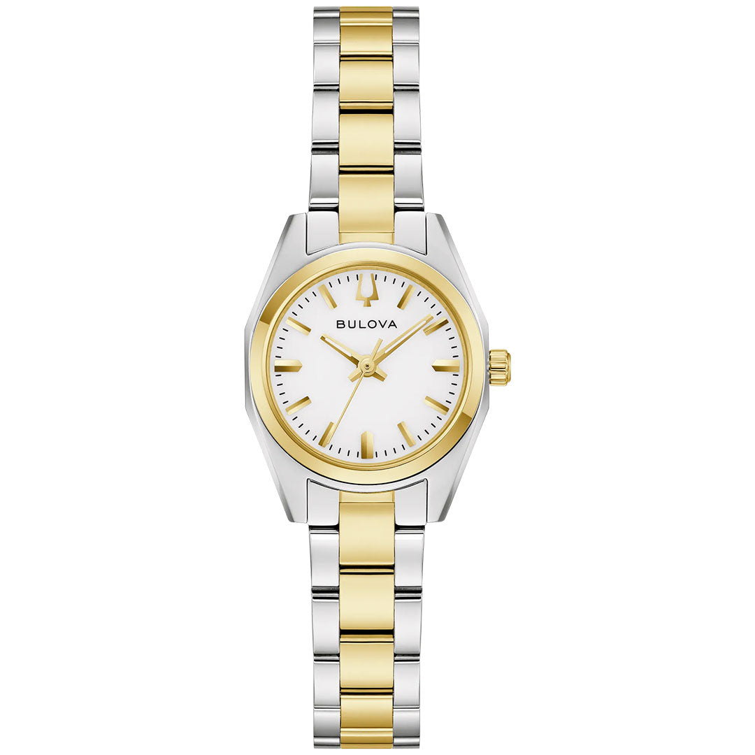 The Bulova Surveyor Quartz 22.7mm ladies’ watch features a two-tone stainless steel band, white round dial, and gold hour markers and hands, by Bulova, displayed on a white background.