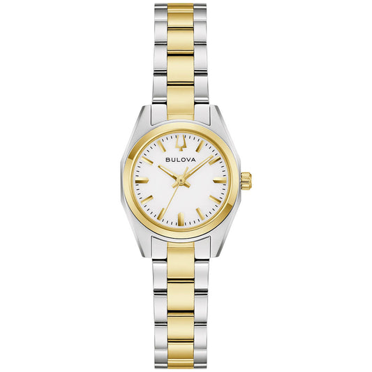The Bulova Surveyor Quartz 22.7mm ladies’ watch features a two-tone stainless steel band, white round dial, and gold hour markers and hands, by Bulova, displayed on a white background.