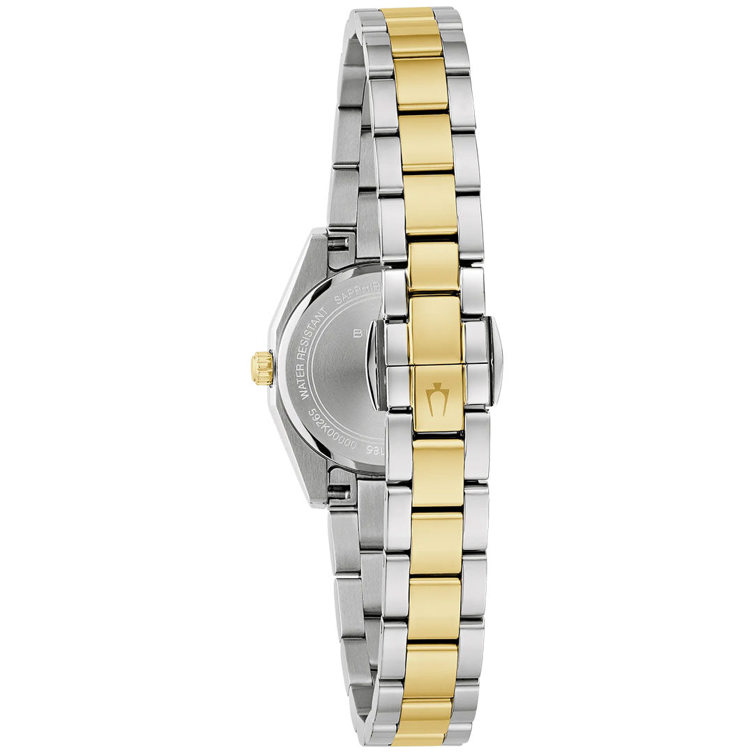 A close-up of the Bulova Surveyor Quartz 22.7mm ladies’ watch by Bulova shows its two-tone stainless steel band with alternating silver and gold links, viewed from the back with the clasp and crown visible.